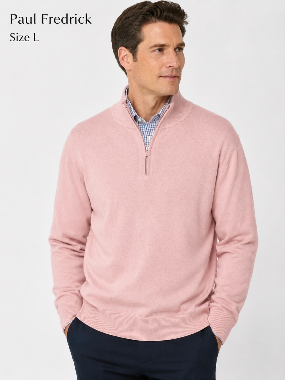 Paul Fredrick Men's Light Pink Quarter-Zip Sweater 100% pima cotton